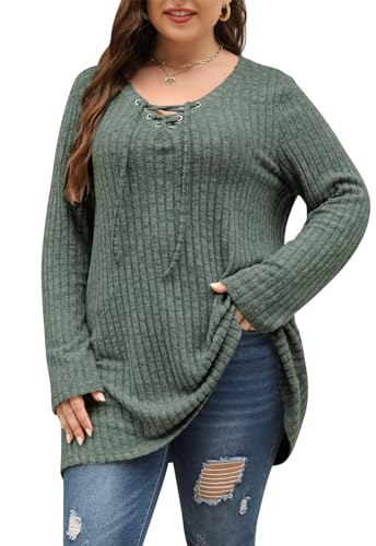 Image of Nemidor Women Plus Size Casual Tunic Top Drawstring V Neck Long Sleeve | 1X-5X plus, ribbed knit, long sweater, solid, semi-fitted flattering cut for curvy women, Fall, Winter, work, daily, dinner