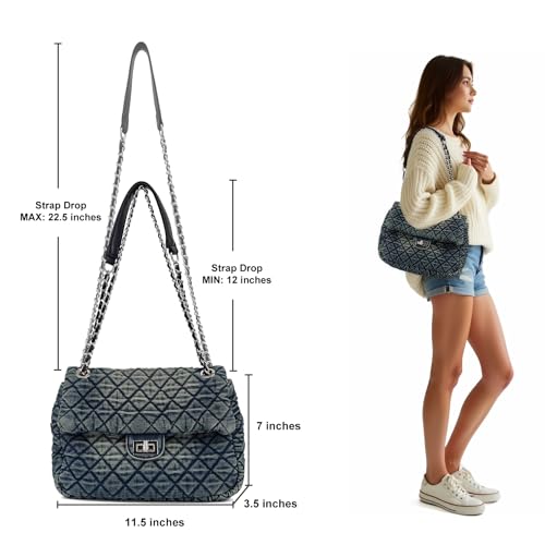 Image of M-ioi-M Small Quilted Denim Purse, Shoulder Bag for Women, Crossbody Flap Tote, Double Silver Chain Strap Trendy Hobo, Vintage Retro Washed Jean Handbag, Casual Everyday (Vintage Blue, Small)