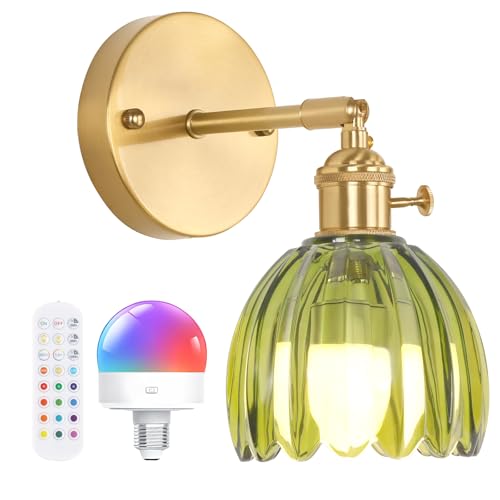 Shenmoyl Vintage Battery Operated Wall Sconce with Green Tulip Glass Lampshade Rechargeable Battery...