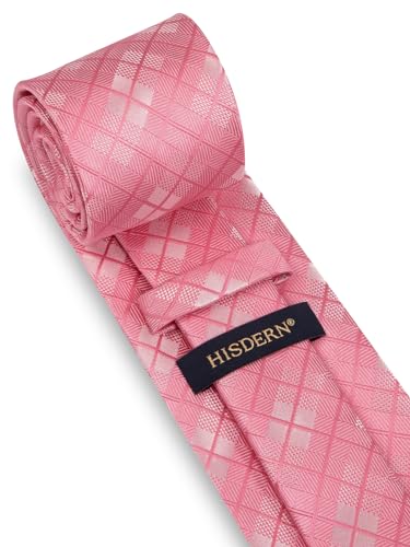 Image of HISDERN Ties for Men Plaid Checkered Tie with Pocket Square Woven Business Formal Necktie Handkerchief Set Wedding Party