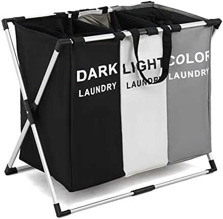 Laundry Basket Hamper 3 Section Dirty Clothes Hamper with Mesh Cover Foldable Aluminum Frame Laundry Sorter Organizer for Bathroom Bedroom Nursery (White+Grey+Black)
