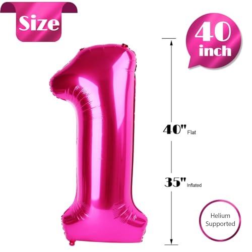 Image of Hot Pink Number 1 Balloon 40 Inch, 1st Birthday Balloon First Birthday Decorations, Shiny Hot Pink Party Supplies