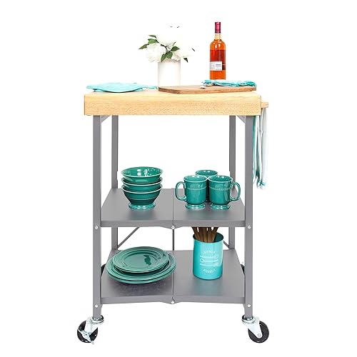 Image of Origami Foldable Kitchen Island Cart, Rolling Storage Table Organizer with Wheels, Silver