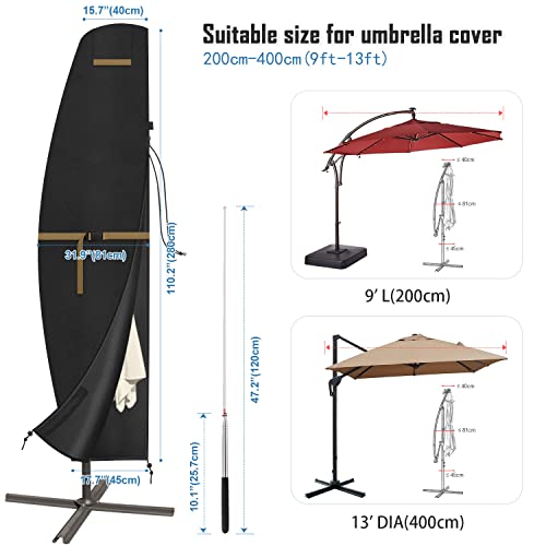 VANSHEIM Wodoodporny pokrowiec na parasol przeciwsłoneczny na duży, przesunięty parasol przeciwsłoneczny, zewnętrzny pokrowiec ochronny na Ø 2 do 4 m z prętem parasolowym 280 x 40/81/45 cm