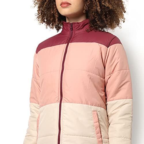 Image of Campus Sutra Women Pink Colour-Blocked Puffer Regular Fit Bomber Jacket For Winter Wear | Standing Collar | Full Sleeve | Zipper | Casual Jacket For Woman & Girl | Western Stylish Jacket For Women