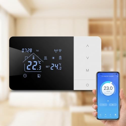 Termostato Programable WiFi, para Calderas de Gas con Modos de Calor y Frío Compatible con Tuya Smart Life y Control por Voz Alexa y Alice, Programación Semanal, Alimentación por USB o Pilas
