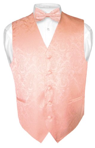 Vesuvio Napoli Men's Paisley Design Dress Vest & Bow Tie PEACH Color BOWTie Set for Suit Tux
