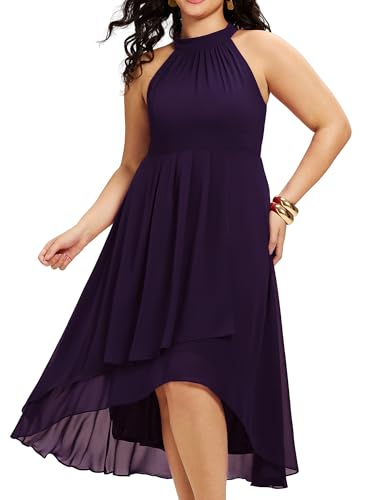 Image of Ever-Pretty Plus Women's Sleeveless Halter A Line Pleated High Low Plus Size Wedding Guest Cocktail Dresses 31926-DA