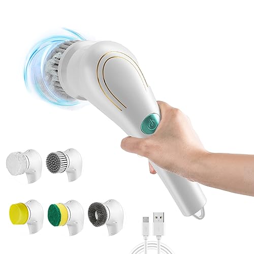 Electric Spin Scrubber, Cordless Electric Cleaning Brush with 5 Replaceable Brush Heads, USB Rechargeable Cleaning Brush 360° Power Scrubber Mop for Tub,Floor Tile, Bathroom, Kitchen, Car