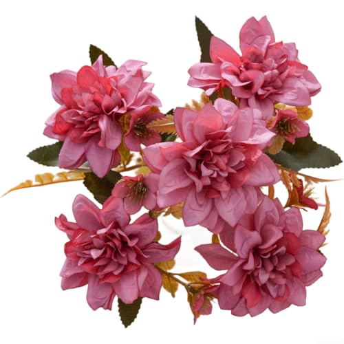 Ramos de crisantemos artificiales realistas, 30 cm de altura, para decoración del hogar y ramo de boda, diseño multirama con follaje, flores de tela para decoración interior y exterior (rojo)