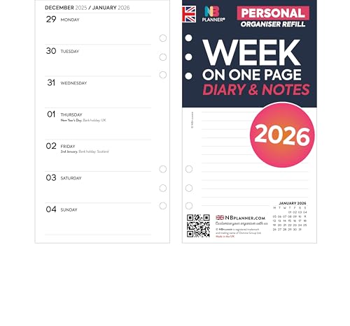 2026 Personal size Week on one page diary & lined notes organiser refill insert white | January 2026 – December 2026 | Compatible with Filofax personal size 6-ring organiers | 95 x 171mm