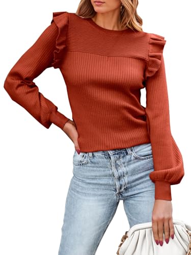 PRETTYGARDEN Women's Ruffle Long Sleeve Sweaters Crew Neck Lightweight Sweater 2025 Fall Trendy Ribbed Knit Pullover Tops