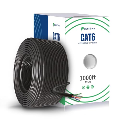 PowerEnvy Cat6 Ethernet UTP Cable - 550Mhz, 10Gbps Max, 1000ft - Outdoor Rated, 23 AWG, UTP 4 Twisted Pair, CMR Rated Cable, Tangle-Free Pull Box - Black