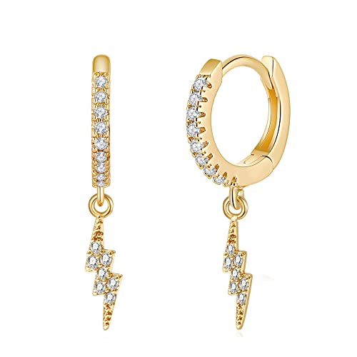 Lightning Bolt Earrings For Women & Girls 18K Gold Dainty Lightning Drop/Dangle Huggie Hoop Earrings Cubic Zirconia Lighting Bolt Dangling Charm Earrings Trendy Preppy Gold Christmas Jewelry Gift #TOP4