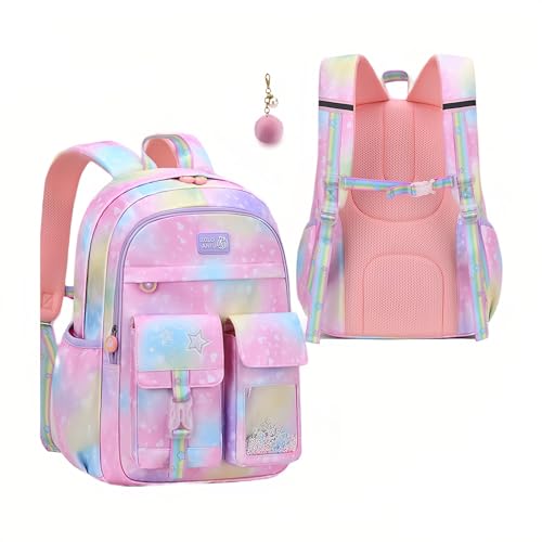 Primary Girls Backpacks Gradient Heart-Star, Elementary School Bags Bookbags for Girls, Gradient Pink-Large