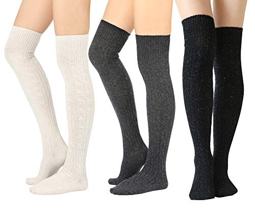 STYLEGAGA Women's Fall Winter Warm Over the Knee High Socks Knit Long Boot Socks Leg Warmer (Wool Cable_Ivory/Dark Gray/Black 3Pair)