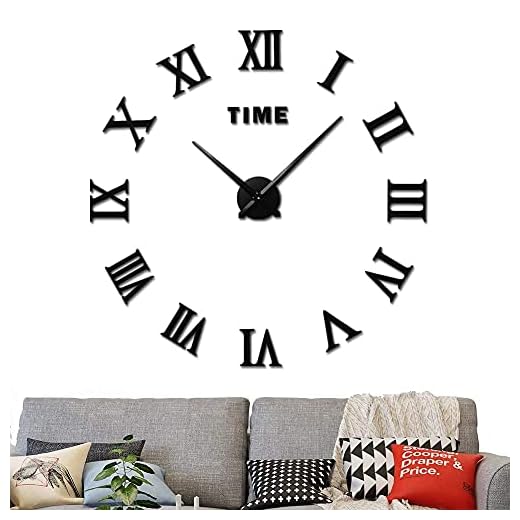 Frameless Mirror Wall Clock, 3D DIY Large Roman Numerals Stickers Self-Adhesive Silent Wall Stickers Decorations for Living Room (Color : Black, Size : D28-35in)