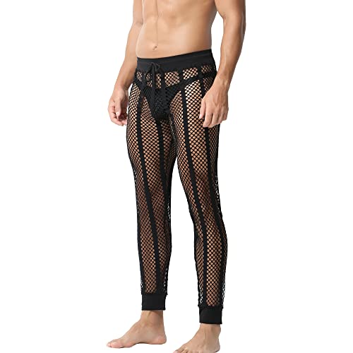 YUFEIDA Men's Fishnet Pants Drawstring Bottoms Low Rise Mesh Leggings Muscle Fit Long Pants See Through Thermal Bottoms3