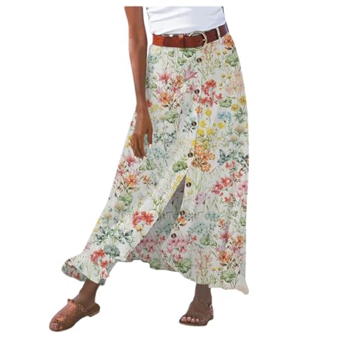 Women's Summer Boho Button Front Maxi Skirt Flowy Cotton Linen Floral Casua Loose A-Line Beach Long Skirt