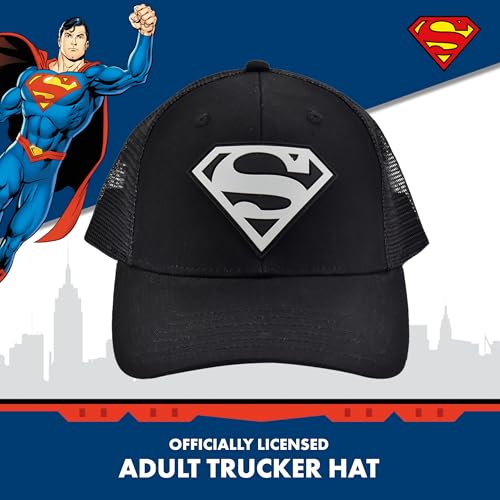Image of Concept One Unisex Adult DC Comics Superman Logo Trucker Hat, Adult Adjustable Snapback Baseball Cap with Curved Brim for Men and Women