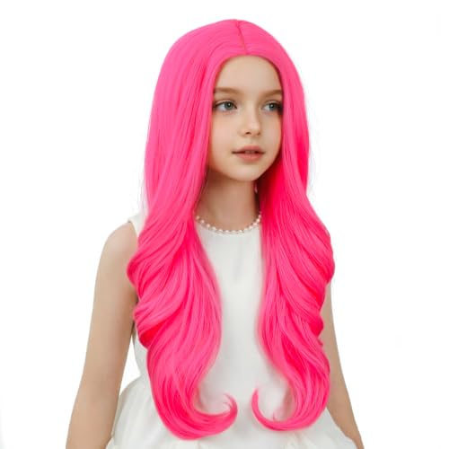 Image of Neon Pink Wig Long Hot Pink Middle Part Wig Long Wavy Curly Wigs Heat Resistant Synthetic Wigs for Daily Party Use