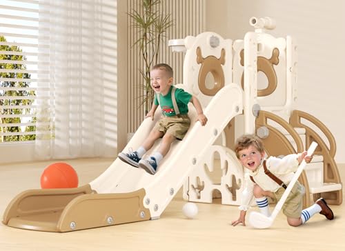 Image of XJD 7 in 1 Toddler Slide, Kids Indoor Slide for Toddlers 1-3, New Upgrade with Golf, Basketball Hoop for Indoor Outdoor Playset, Birthday Gifts for Toddler (White Brown)