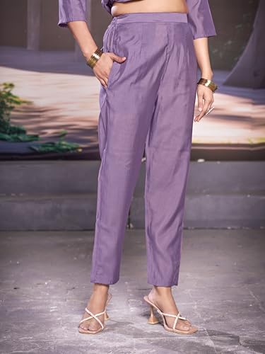 Image of Women's Cotton 3 /4 Sleeves Purple Straight Kurti with Matching Pant & Printed Dupatta Set