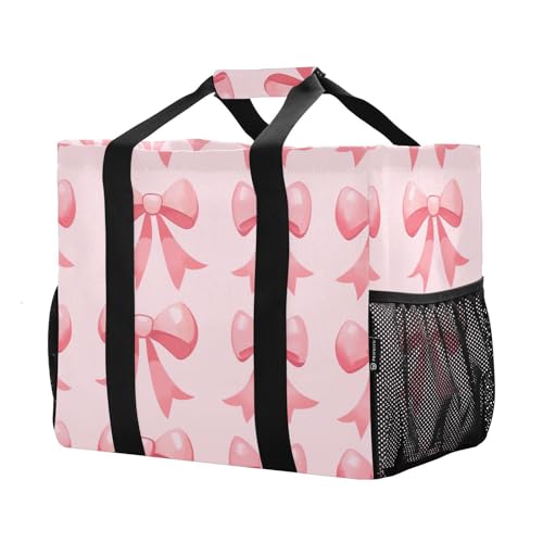 YETTASBIN Bow Pink Large Foldable Travel Tote Bag, Lightweight Waterproof Swim Pool Bag with Handles & Pocket for Beach Outdoor, Reusable Grocery Bag for Kitchen, Shopping