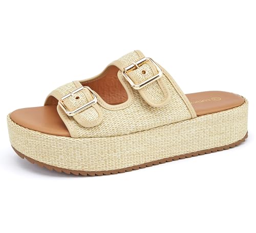 LUCKY STEP Women's Platform Slide Sandals Braided Adjustable Strap Flat