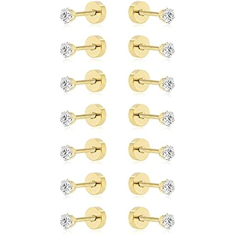 Flat Back Earrings for Women: 7 Pairs 14K Gold Plated Flatback Stud Earrings 316L Surgical Stainless Steel Small Cubic Zirconia Earrings Studs for Women Men 2-8MM (14K Gold - 3mm) Cover