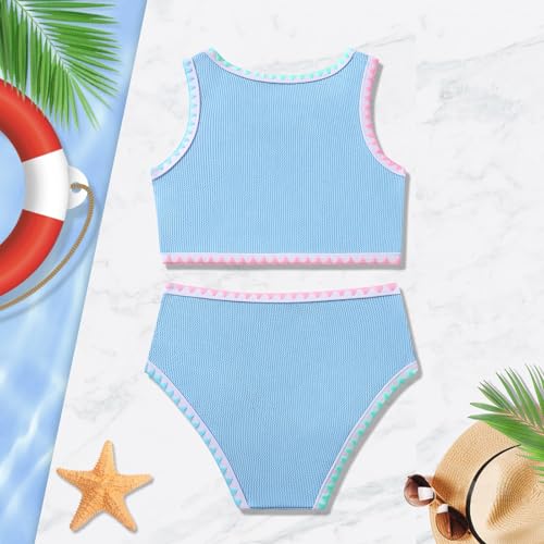 Image of Girls Bathing Suit Toddler Swimsuits 2 Piece Bikini Sets Round Neck Colorful Lace Teen Girls Swimwear 3-14T