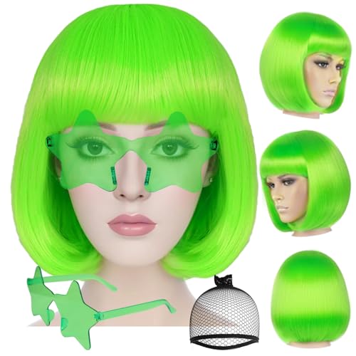 ANOGOL Hair Cap + (Sunglasses) Neon Green Bob Wig with Bangs Party Wig with Star Shape Sunglasses Womens Short Green Wigs for St. Patrick's Day Fun wigs Halloween Costume Night Club
