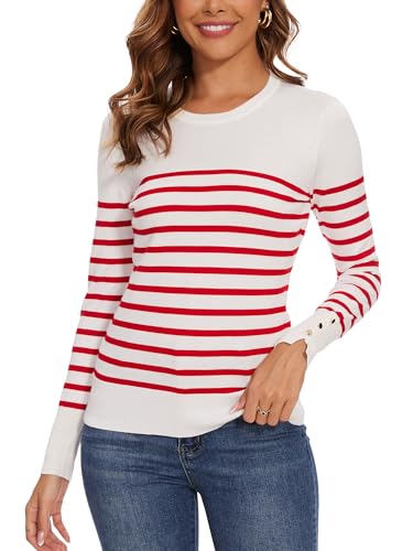 Image of Spicy Sandia Women's Long Sleeve Crewneck Sweaters Dressy Casual | Striped or Solid Available, Classic, Business Casual Tops for Office Work