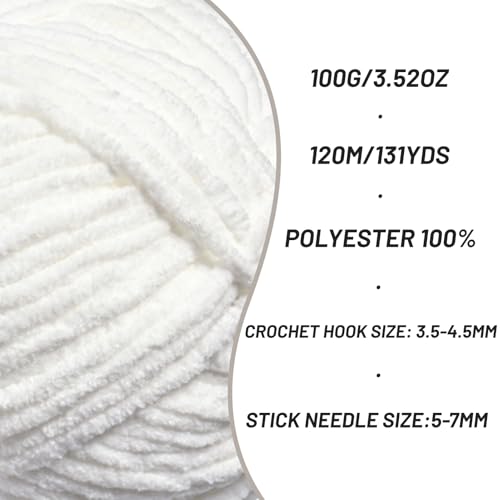 Image of 3 Packs Plush Chenille Chunky Crochet Yarn - Baby Yarn for Crocheting Soft - Velvet Yarns Knitting for Blankets Crafts - Fluffy Amigurumi Yarns 300g / 393yd (3 Snow White)