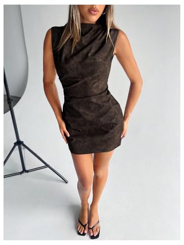 Image of RoseSeek Women's PU Leather Ruched Bodycon Dresses Mock Neck Sleeveless Zipper Mini Tank Dress