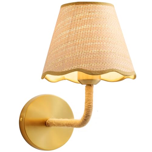 PENACINY Boho Hand Woven Ratten Wall Sconce, Single Wall Sconce with Grass-Woven Lampshade for Bedroom Living Room Hallway Porch, E26 Base, (Hardwired (1 Pack))
