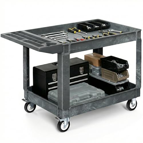 YITAHOME 2 Tier Heavy Duty Plastic Utility Cart 45 x 25 Inch, Rolling Work Cart w/Deep Shelves & 360° Swivel Wheels(2 Brake), Plastic Tool Cart Suitable for Warehouse, Garage, Office, Cleaning, Gray