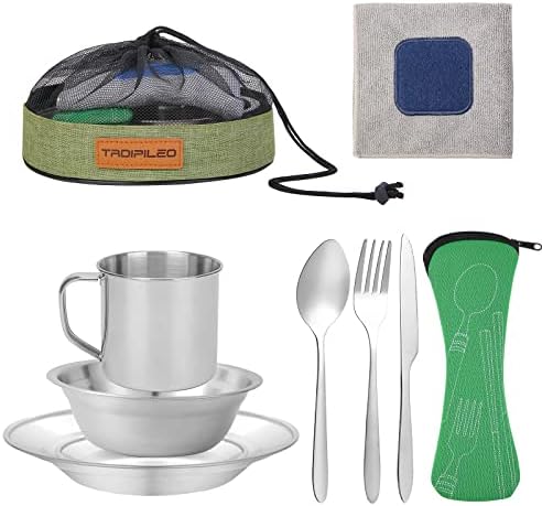 Camping Cutlery Set, 8 Piece Stainless Steel Cutlery Set Including Cutlery Spoons Mug Bowls & Plates Rags, Organizer Straps Easy to Carry for Backpacking, Camping, Hiking and Picnics (Green)
