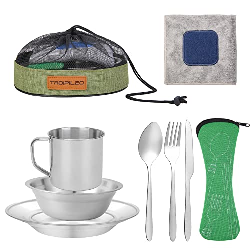 Camping Cutlery Set, 8 Piece Stainless Steel Cutlery Set Including Cutlery Spoons Mug Bowls & Plates Rags, Organizer Straps Easy to Carry for Backpacking, Camping, Hiking and Picnics (Green)