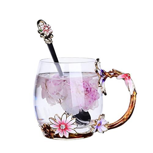 Biigming Tasse à thé en Verre émaillé de Papillons Fleurs avec Cuillère en acier, Cadeau Parfait pour Femme, épouse, Petite Amie, Fête des mères, Saint-Valentin, Anniversaire (Marguerites-330ml)