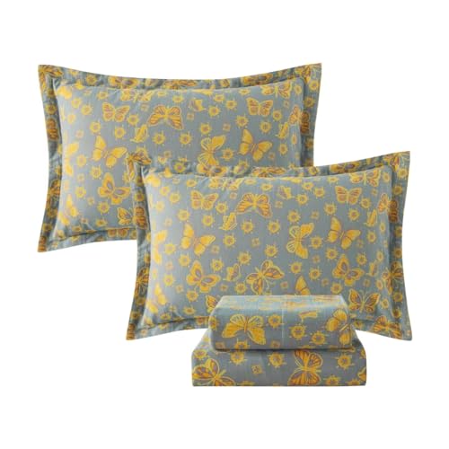Image of FADFAY Butterfly Sheets Set King Vintage Yellow Grey Floral Bedding Shabby Farmhouse Bedding Super Soft Washed Double -Layer Muslin Sheets 100% Cotton Deep Pocket Fitted Sheet 4Pcs, King Size