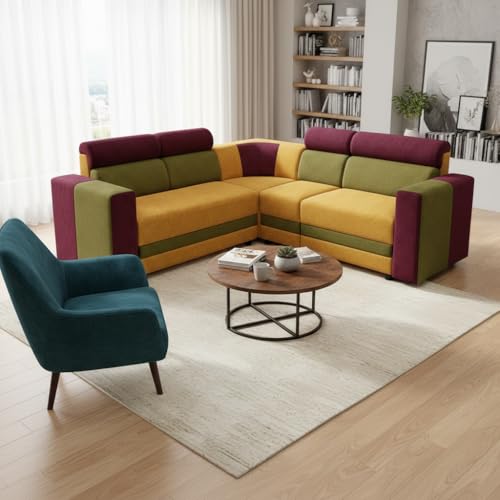 Image of APRODZ Wooden Sofa Set 6 Seater for Living Room, Solid Wood L Shape Sectional Sofa with Velvet Fabric Upholstery, Cushioned Seating for Home, Office & Lounge, Yellow, Green & Magenta Pink