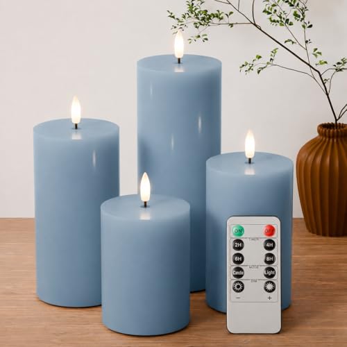 Image of Flickering Flameless Candles, Real Wax Battery Operated Candles with Remote, Flat Top Led Flameless Pillar Candles for Home, Wedding, Party Decor, Set of 4, Φ 3 inch H 4 inch 5 inch 6 inch 8 inch, Pastel Blue