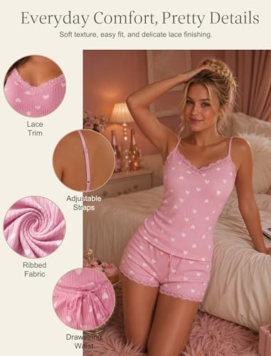 Image of Girece Cami Pajama Set for Women Ribbed Lace Trim 2 Piece Pajamas with Shorts Adjustable Strap Pjs Set Soft Lounge Sleepwear