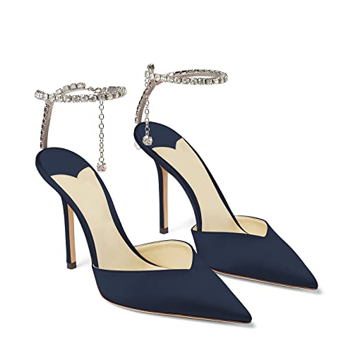 Image of LauraVicci Women's Heeled Sandals Crystal Chain Ankle Straps Rhinestones Buckle High Heels Stiletto Slip On Wedding Party Satin Dress Shoes