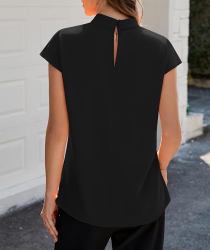 Image of Funlingo Womens Summer Tops Mock Neck Short Cap Sleeve Blouses Business Casual Work Chiffon Shirts Front Pleated Tunic Top