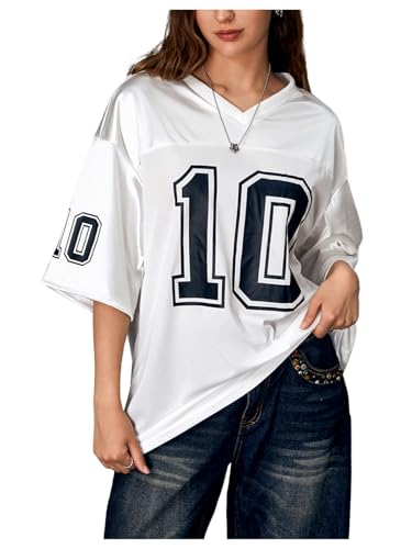Verdusa Women's Oversized Jersey Shirt Graphic Tees V Neck Short Sleeve Vintage T Shirts