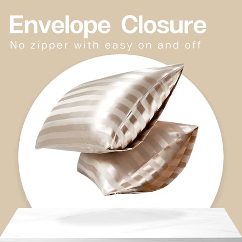 Image of MR&HM Satin Pillowcase for Hair and Skin, Silk Satin Pillowcase 2 Pack, Queen Size Pillow Cases Set of 2, Silky Pillow Cover with Envelope Closure (20x30, Champagne Striped)