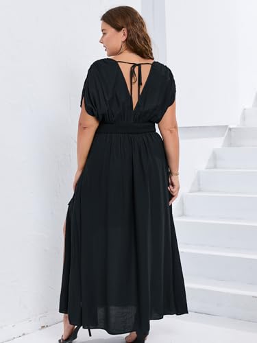 Womens Summer Plus Size Maxi Dress 0XL-4XL V Neck Short Sleeve A-Line Slit Flowy Casual Guest Long Dresses3