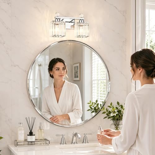 Image of Lxybcce Modern 14In 2-Lights Bathroom Vanity Light, Crystal Bathroom Light Fixtures, Chrome Vanity Light Fixtures Over Mirror, Easy Installation & Shadow-Free Illumination for Bathroom Mirror Decor